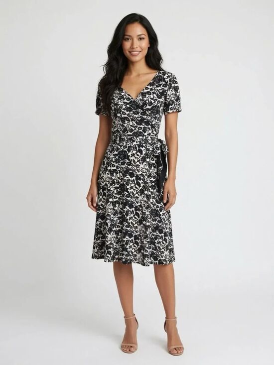 Donna Morgan Dresses & Skirts - Donna Morgan Black and White Dress Floral Wrap Midi Knit SZ 6